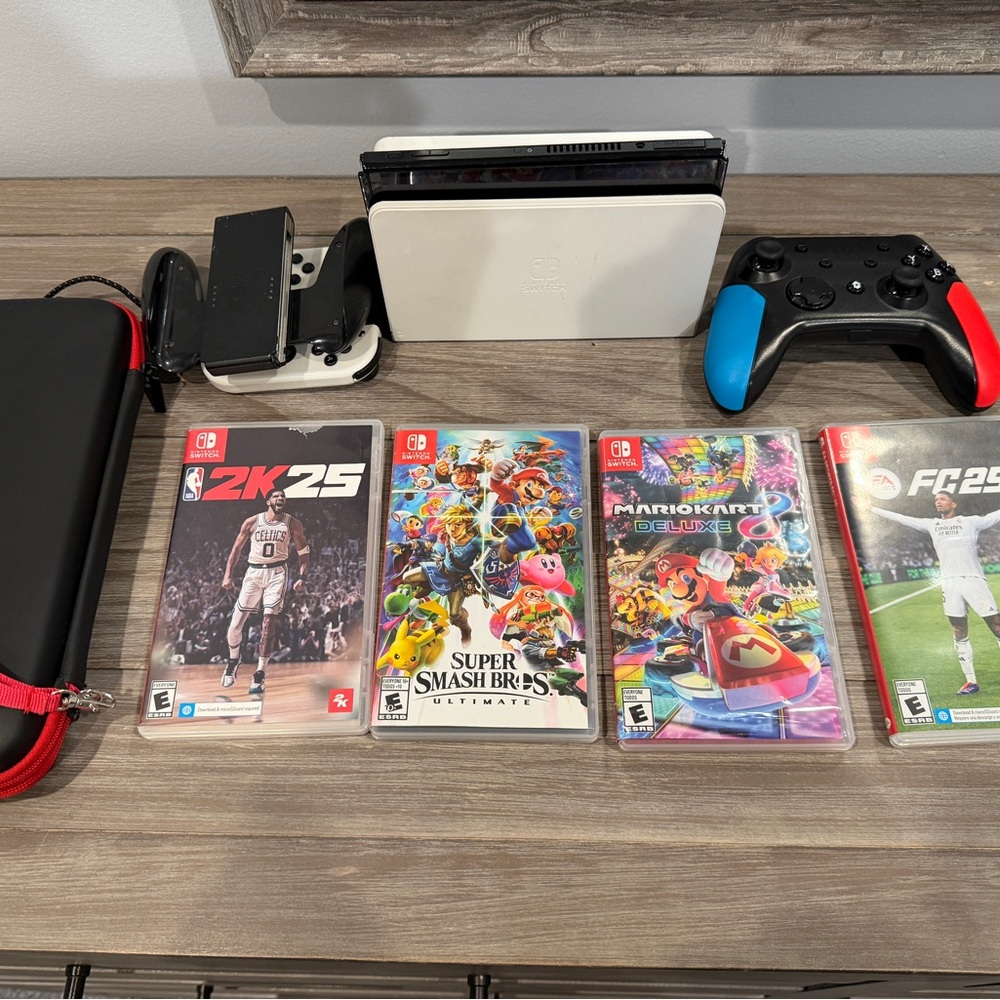 Nintendo Switch Console with White Dock and Red/Blue Controllers